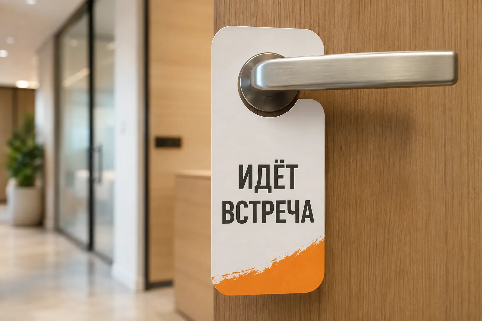Дорхенгер с надписью «Идёт встреча» на двери переговорной