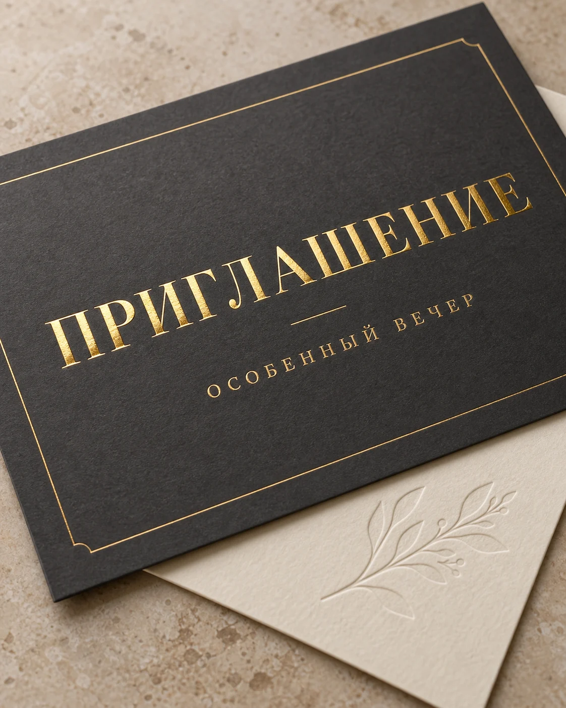 ПЕЧАТЬ32: Тиснение и фольгирование — образец смежной услуги, кадр 4; Золотая надпись на тёмном приглашении и рельефный узор на, получение в Калуге, страница «Приглашения»