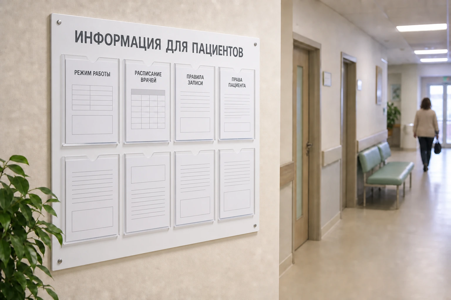 Стенд «Информация для пациентов» с расписанием и памятками в коридоре клиники