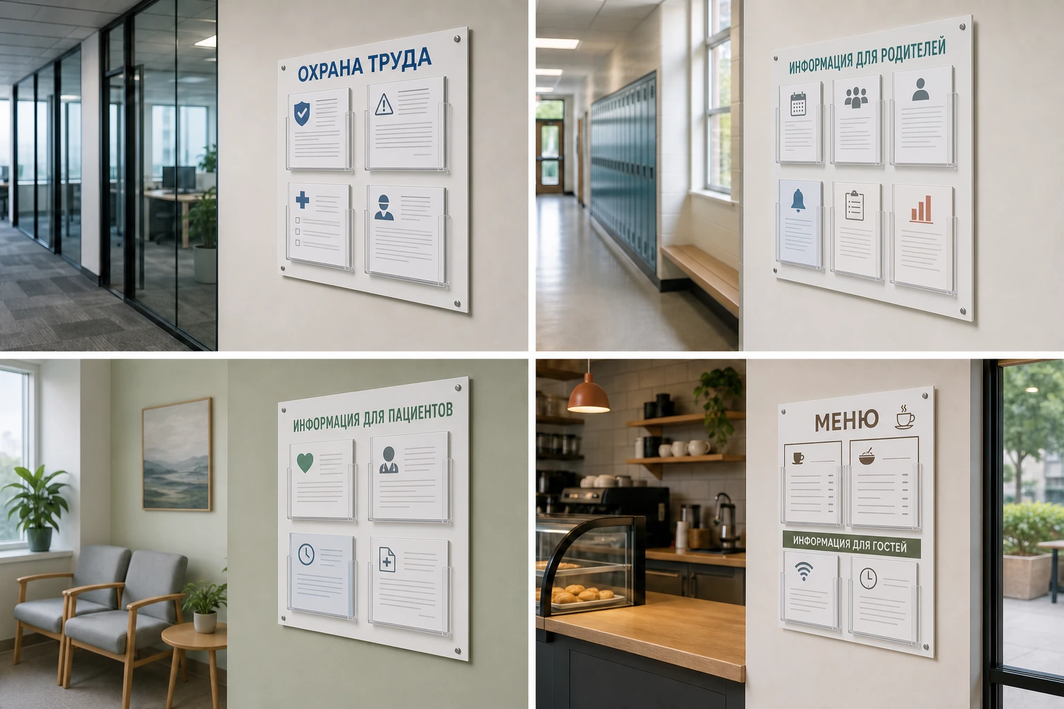 Стенды «Охрана труда», «Информация для родителей», «Информация для пациентов» и «Меню»