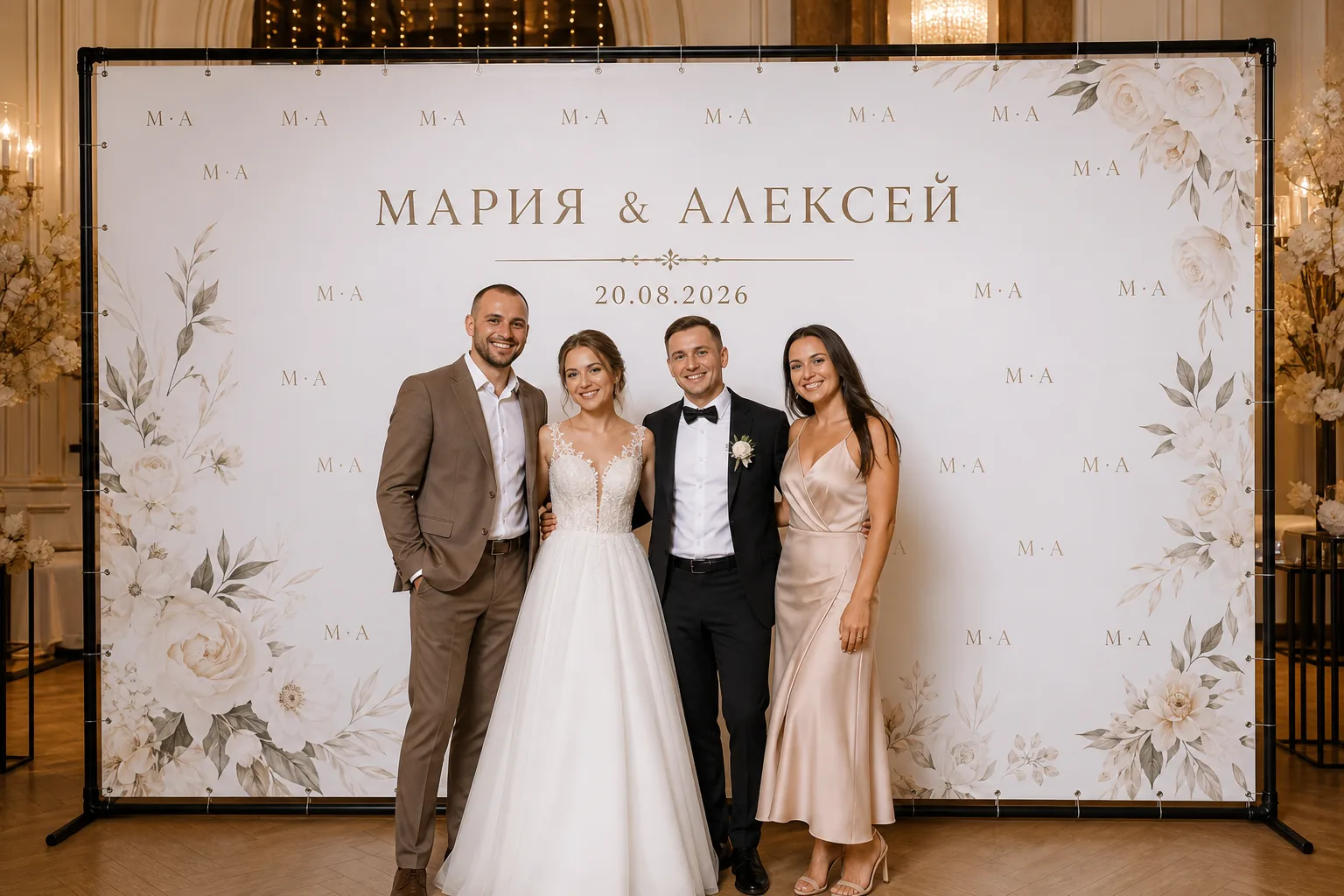 Гости у прямоугольного свадебного Press Wall