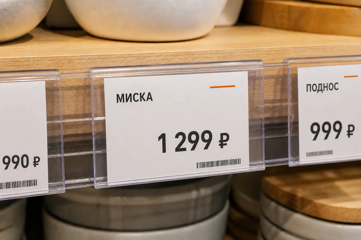 Ценники с названиями и ценами в прозрачных полочных держателях