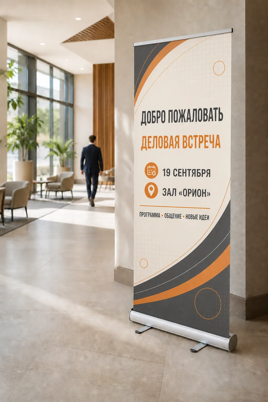 ПЕЧАТЬ32 — Roll-up стенды; Roll-up с насыщенным русским макетом в лобби делового центра, образец смежной услуги, кадр 1, получение в Калуге, «Штендеры»
