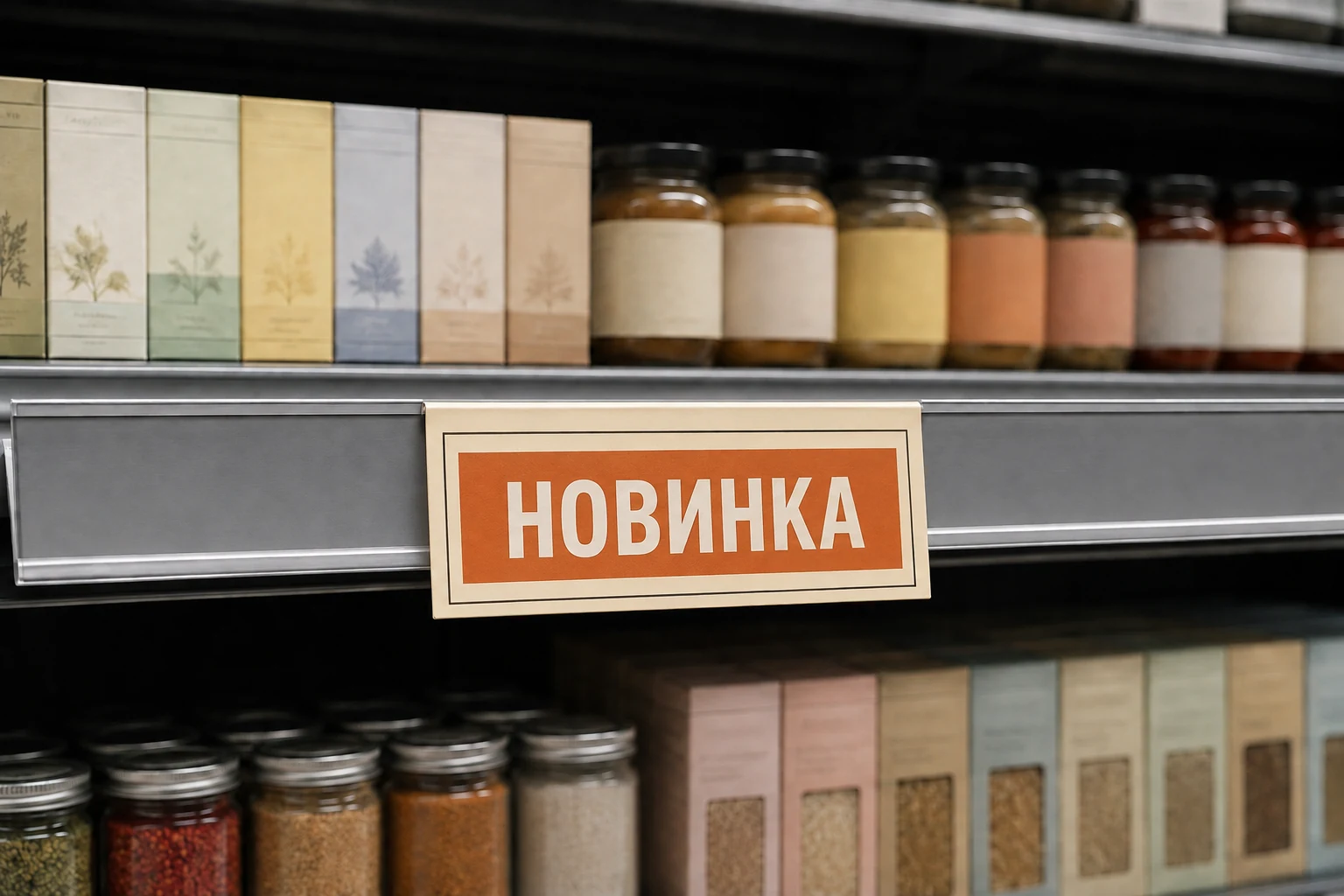 Шелфтокер с надписью «Новинка» на торговой полке