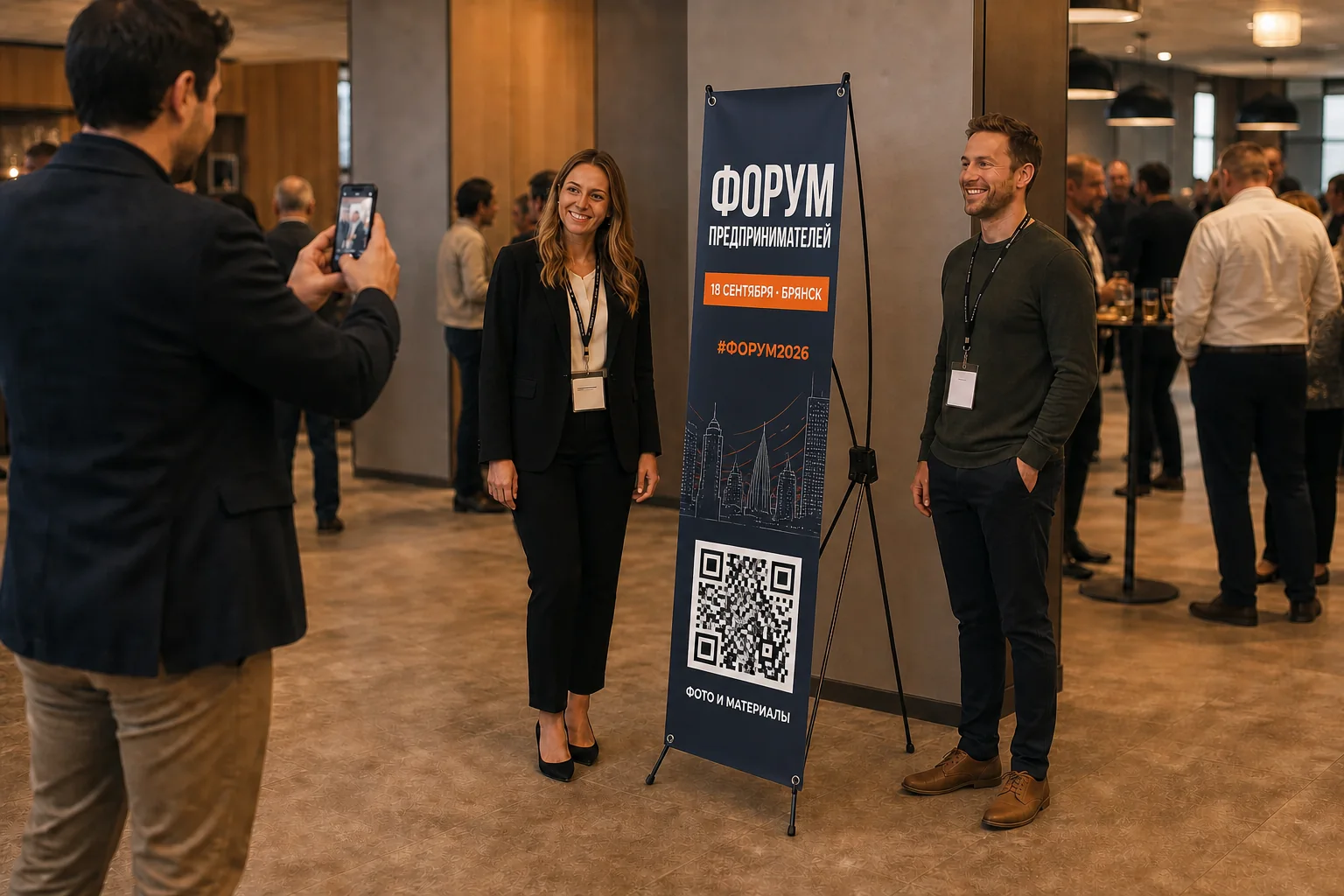Участники фотографируются рядом со стендом паук с названием, датой и QR-кодом форума