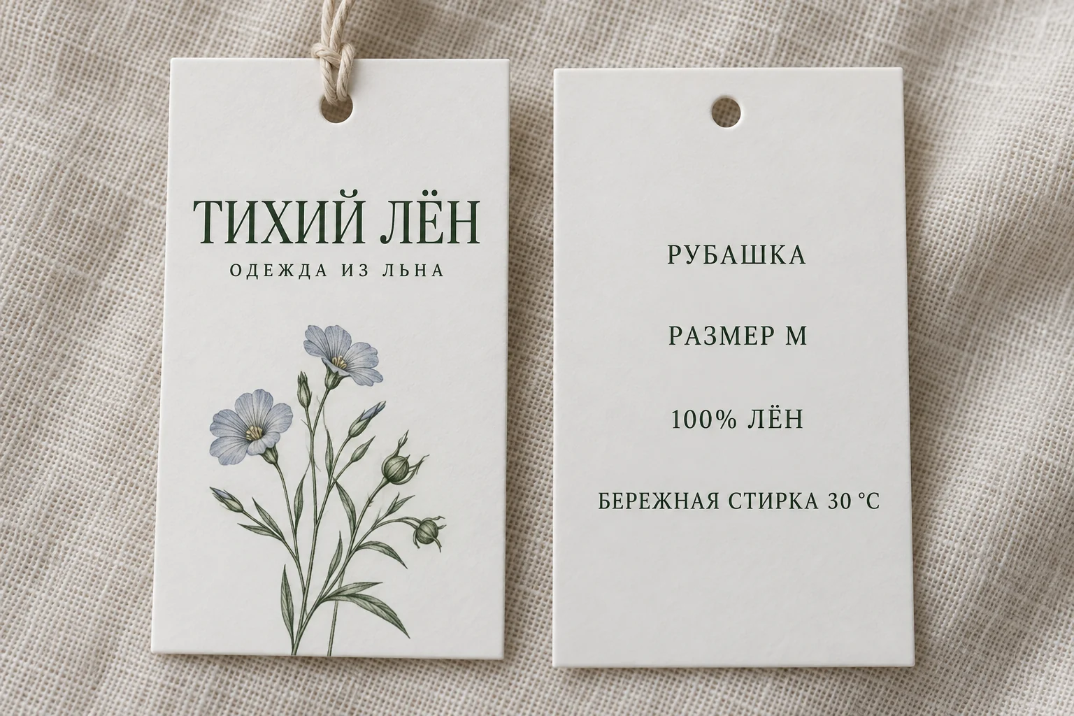 Лицевая и обратная стороны бирки «ТИХИЙ ЛЁН» для рубашки: размер M и состав «100% ЛЁН»