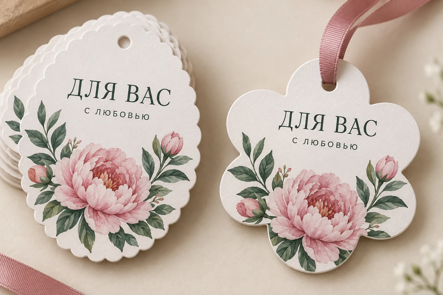 Фигурные картонные подарочные бирки «ДЛЯ ВАС» с цветочным рисунком и отверстием