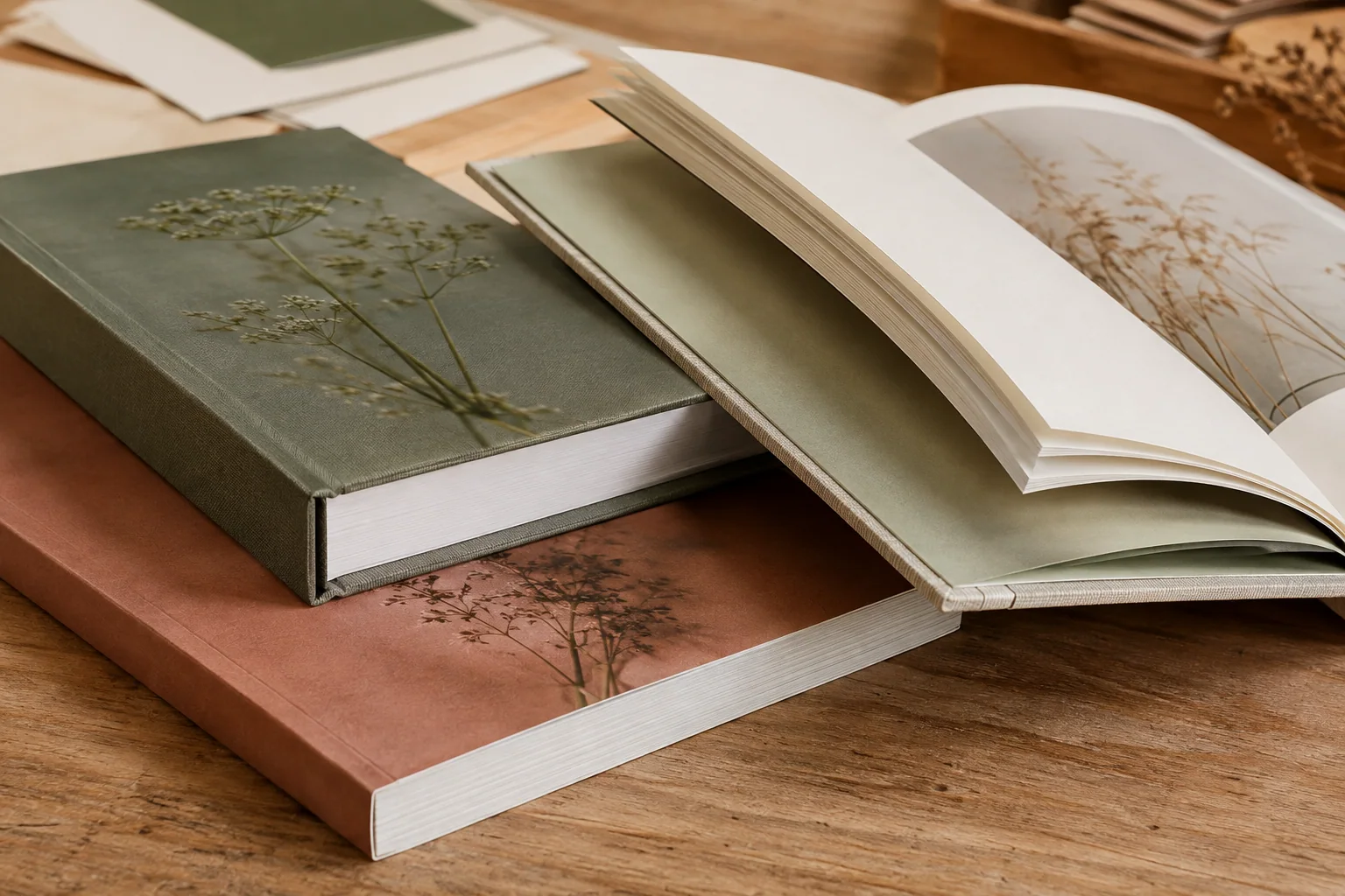 ПЕЧАТЬ32: Книги — образец смежной услуги, кадр 2; Книги в мягкой и твёрдой обложке рядом с открытым внутренним, получение в Калуге, страница «Тетради»