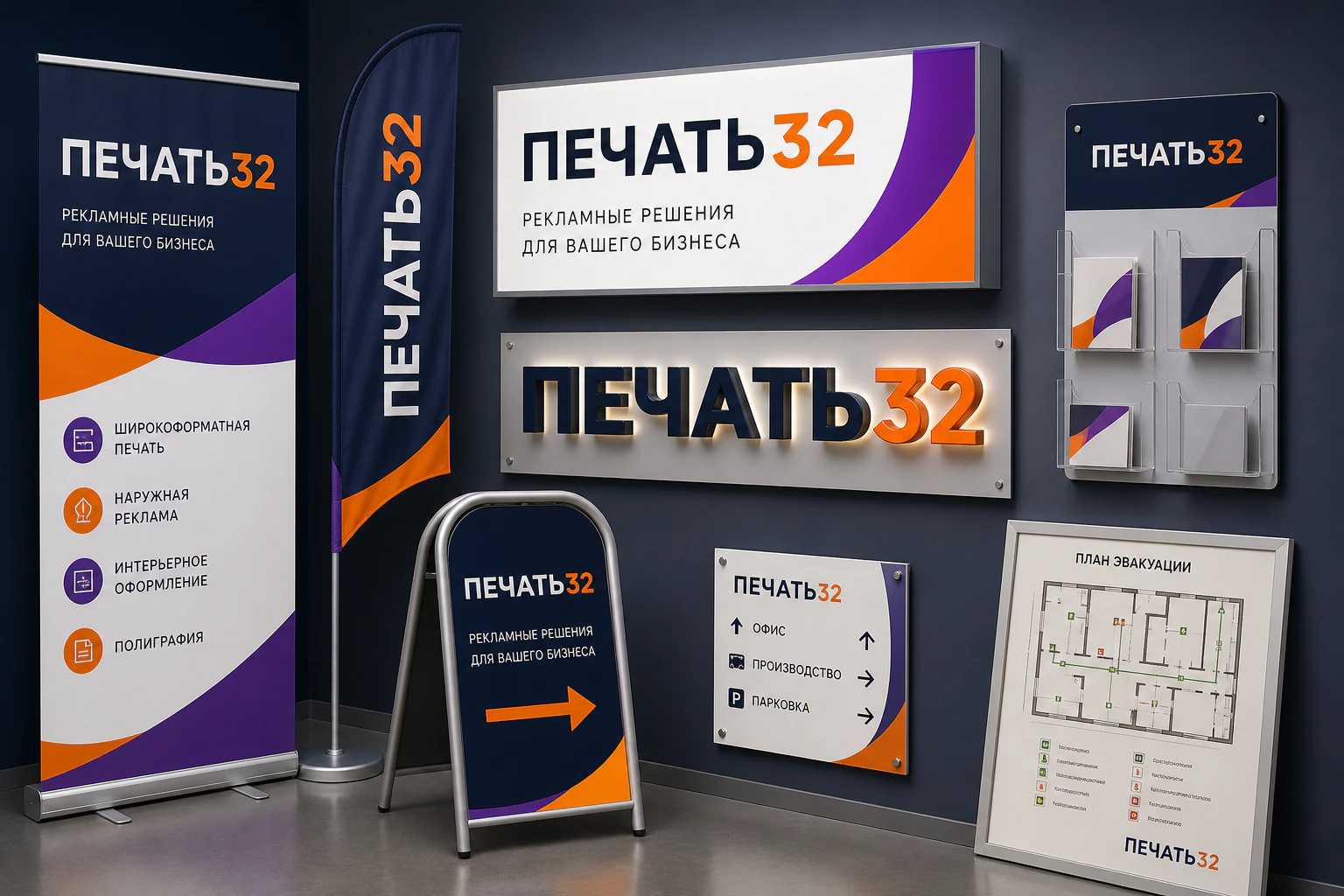 ПЕЧАТЬ32: Штендеры — главный образец продукции; Двухсторонний рекламный штендер с печатными панелями, получение в Калуге, страница «Рекламные штендеры»