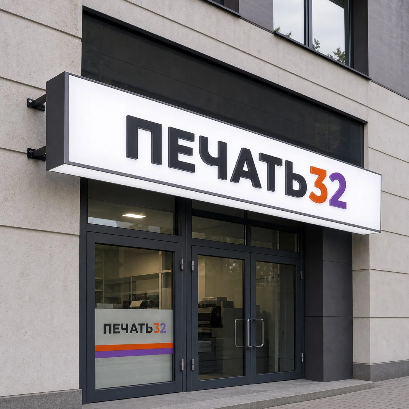 ПЕЧАТЬ32: Вывески — главный образец продукции; Фирменная плоская фасадная вывеска без подсветки, получение в Калуге, страница «Изготовление несветовых вывесок»