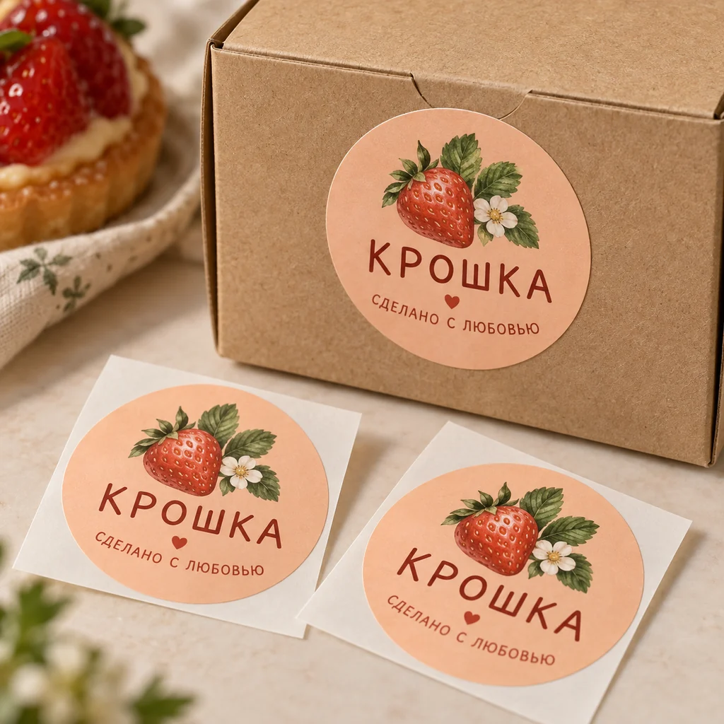 Круглая наклейка «КРОШКА» с рисунком клубники на коробке и отдельных подложках