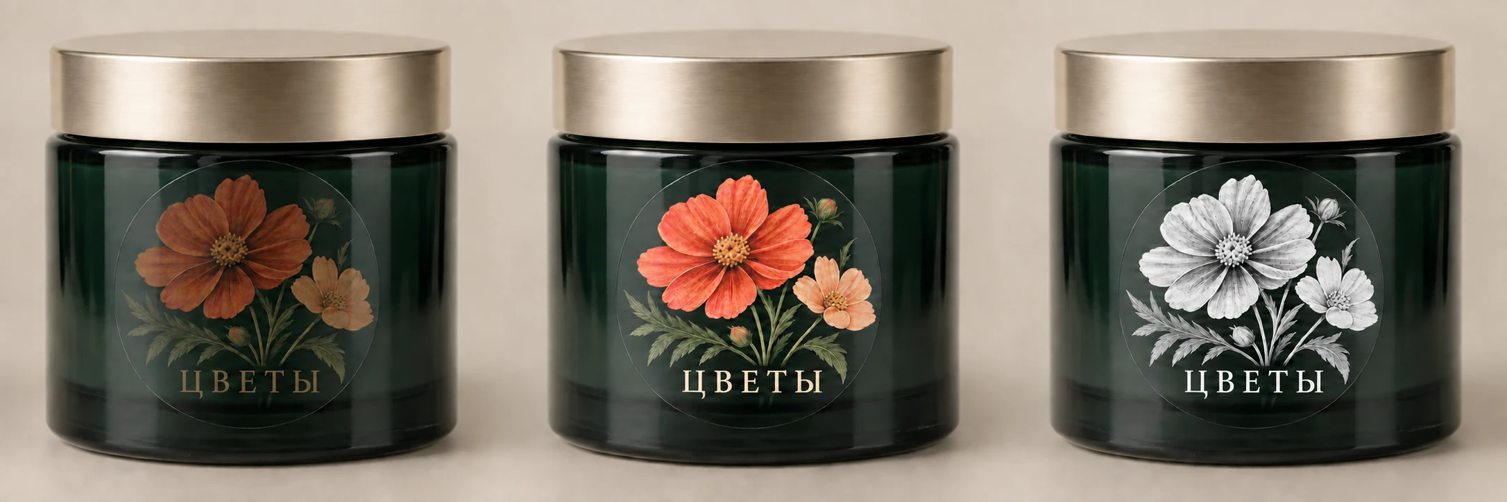 Цвет без белого слоя: цветочный рисунок на прозрачной наклейке на тёмной баночке
